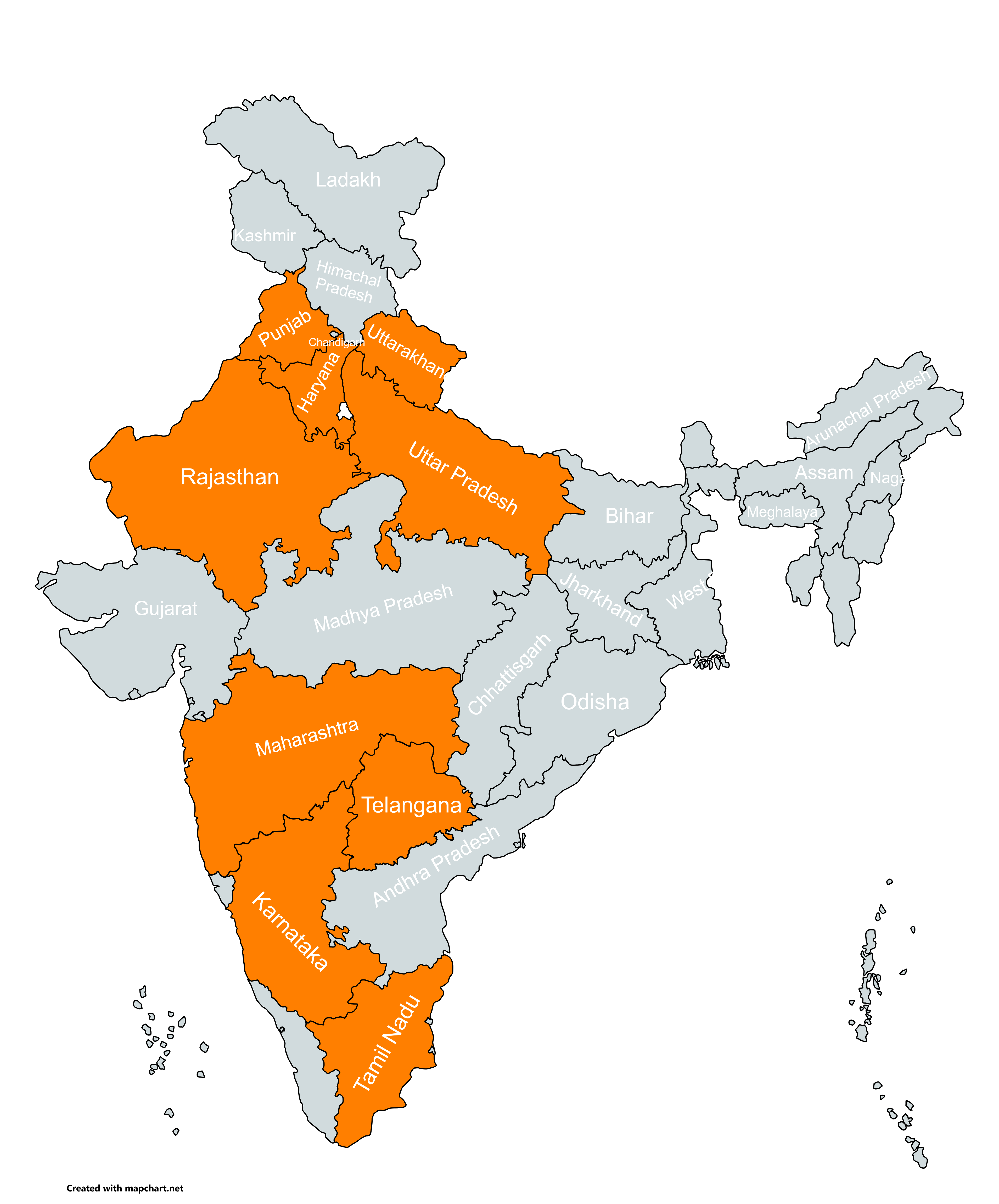 India Map with Highlighted Regions